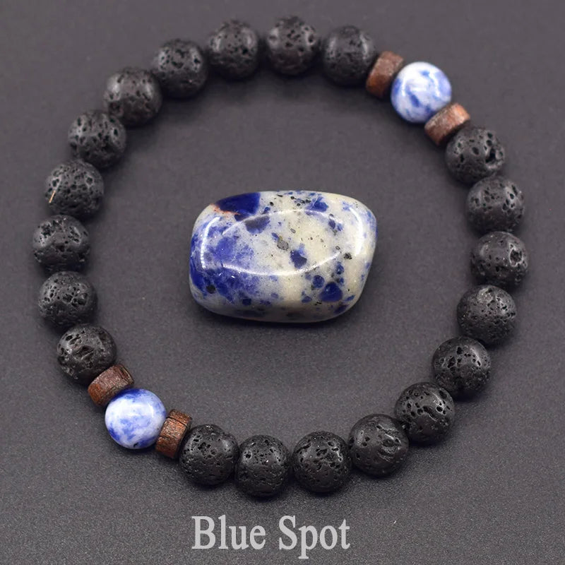 Men’s Tiger Eye & Lava Stone Bead Bracelet – Tibetan Buddha Elastic Wristband Jewelry
