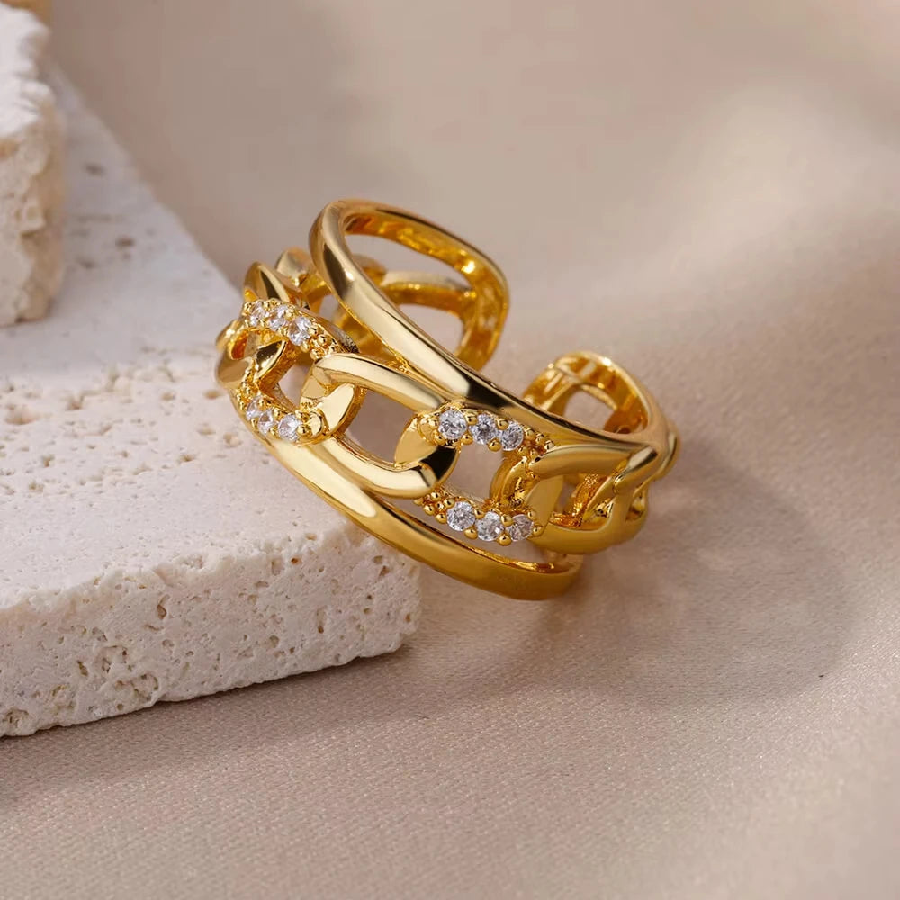 Women’s Gold Stainless Steel Heart Ring – Adjustable Imitation Open Band