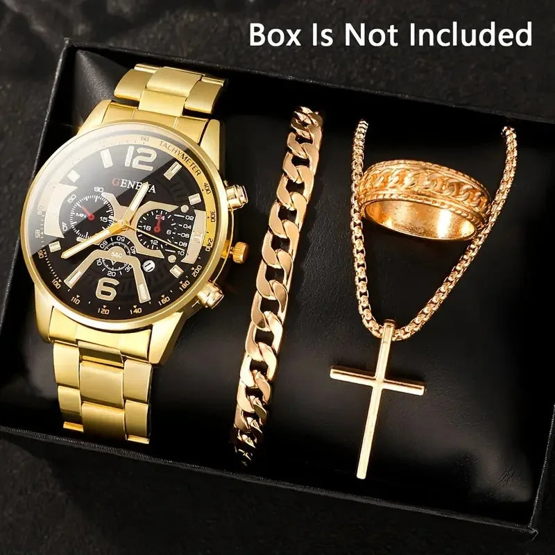 Men’s Luxury Quartz Watch Gift Jewelry Set – Gold Roman Calendar Wristwatch with Cross Necklace, Bracelet & Ring