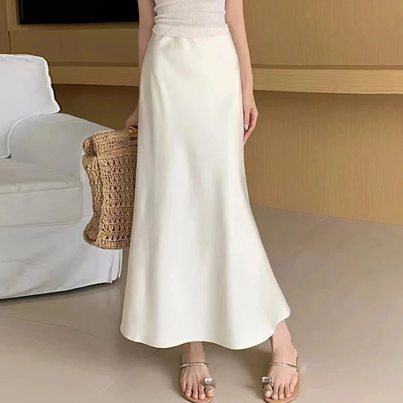 Women’s Satin Long Skirt Bottom – Draped High Waist Straight Maxi Skirt for Summer Beach & Holiday Looks