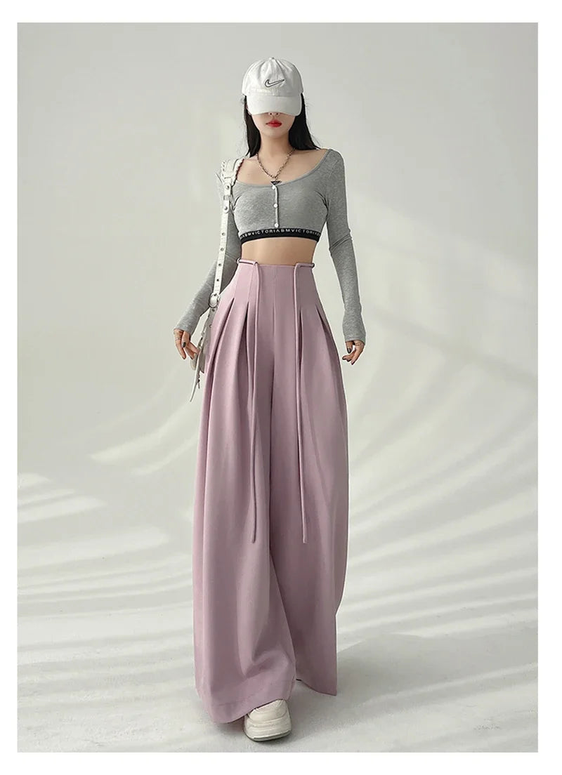 Women’s Streetwear Wide Leg Pants Bottom – Korean High Waist Lace-Up Suit Trousers, Elegant Black Summer Fashion