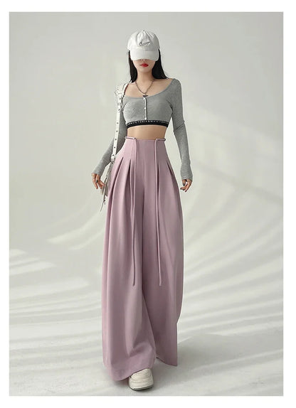 Women’s Streetwear Wide Leg Pants Bottom – Korean High Waist Lace-Up Suit Trousers, Elegant Black Summer Fashion