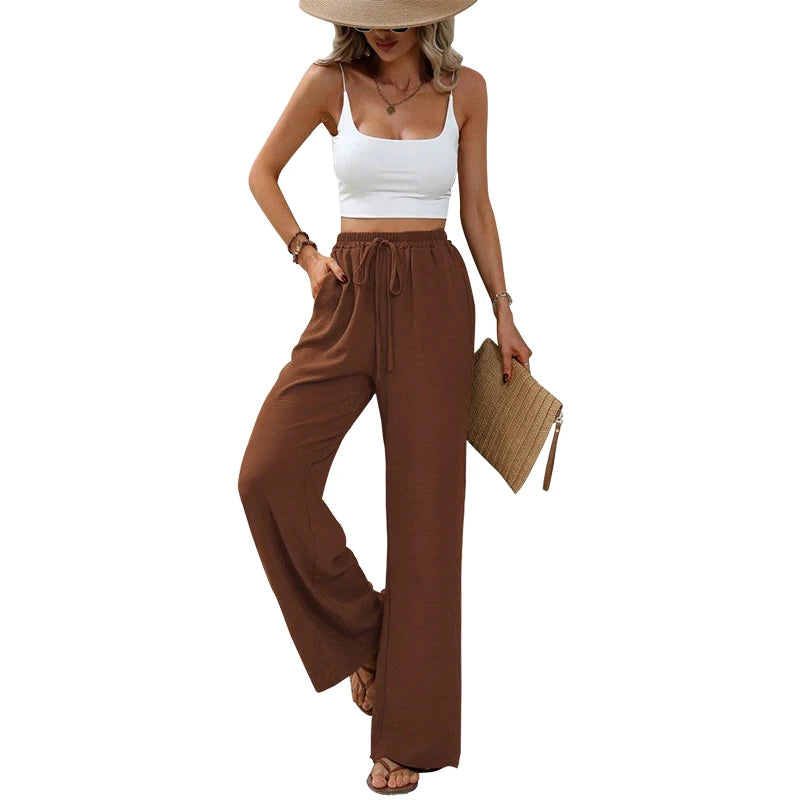 Women’s High-Waist Wide-Leg Pants – Elastic Waist Straight Trousers with Tie Front & Pockets