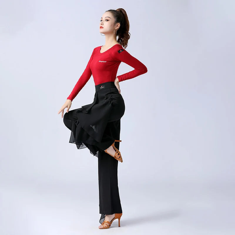 Women’s High-Waist Ruffle Dance Pants – Latin, Tango & Samba Performance Wide-Leg Trousers