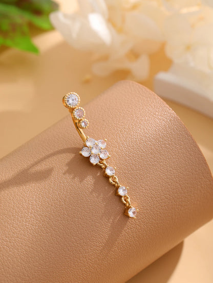 Women’s Gold Stainless Steel Belly Button – Long Dangle Flower CZ Crystal Navel Piercing Jewelry