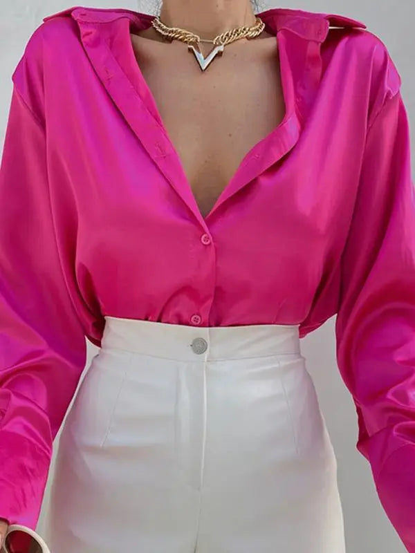 Women’s Vintage Polo Collar Shirt Top – Loose Button-Up Office Blouse in Blue, Green & Black for Autumn Fashion