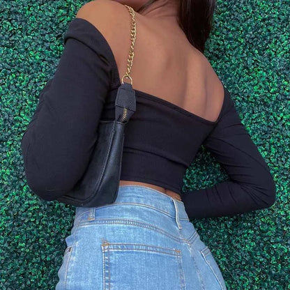 Women’s Hollow-Out V-Neck Crop Top | Slim Ribbed Long Sleeve Square Collar Backless | Casual Spring Fall Fashion
