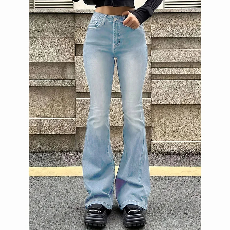 Women’s High Waist Flared Denim Bottom – Stretchy Bootcut Jeans with Bell Hem, Solid Color Casual Trousers
