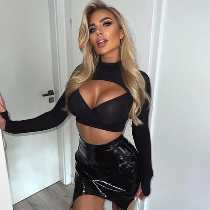 Women’s Solid Slim Hollow Out Crop Top | Long Sleeve Y2K Aesthetic Streetwear | Stylish Short Top