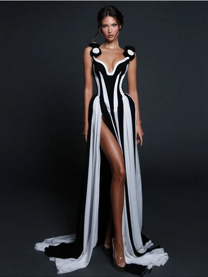 Women’s Black & White Striped V-Neck Maxi Dress – Bandage Evening Outfit