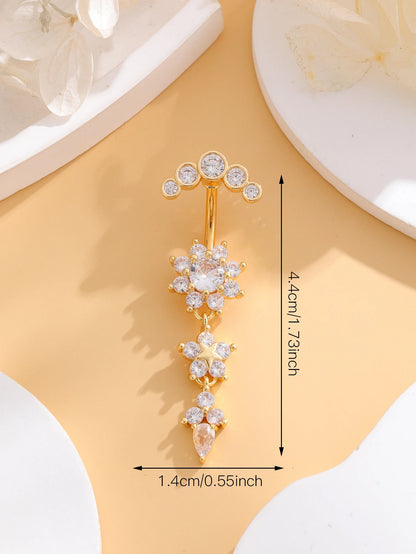 Women’s Gold Stainless Steel Belly Button – Long Dangle Flower CZ Crystal Navel Piercing Jewelry