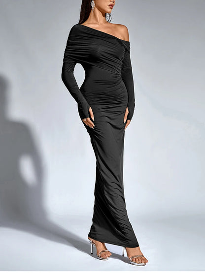 Women’s One Shoulder Asymmetric Elegant Maxi Dress – Long Sleeve Ruched Party Gown