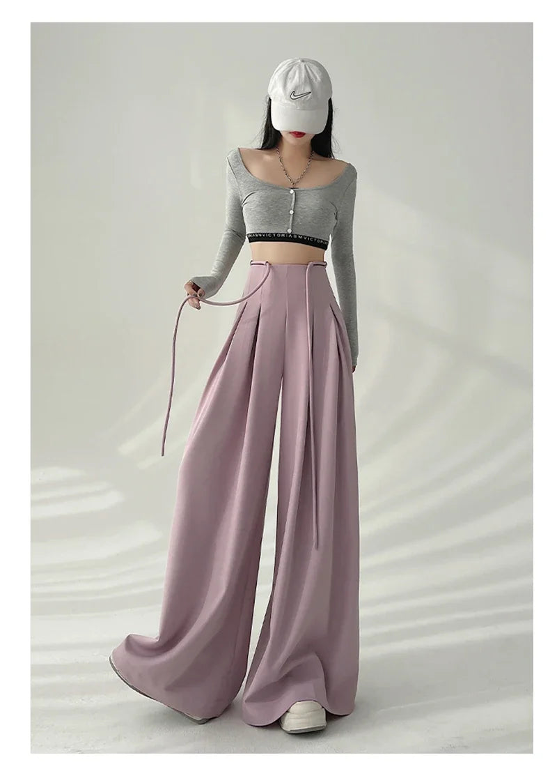 Women’s Streetwear Wide Leg Pants Bottom – Korean High Waist Lace-Up Suit Trousers, Elegant Black Summer Fashion