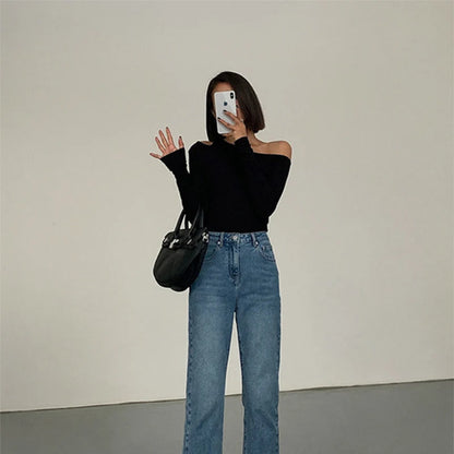 Women’s Fashion Skew Collar Off-Shoulder Long Sleeve Crop Top | Slim Fit Sexy Hollow Out Tee | Spring Solid Top