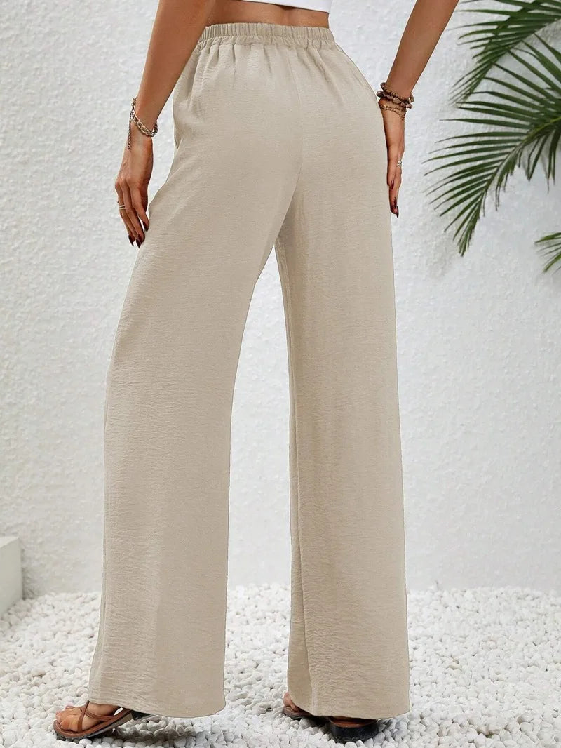 Women’s High-Waist Wide-Leg Pants – Elastic Waist Straight Trousers with Tie Front & Pockets