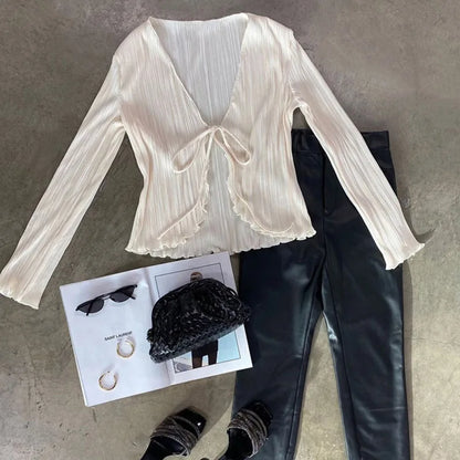 Women’s Pleated Plain V-Neck Tie-Up Top | Chic Long Flare Sleeve Spring/Fall Shirt | Casual & Streetwear Fashion Top