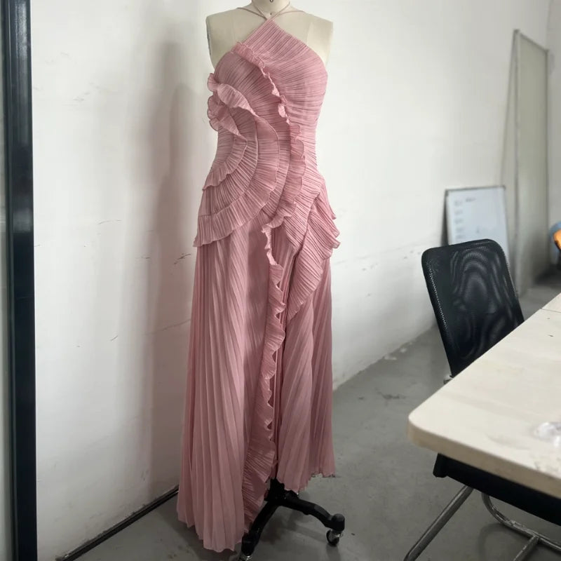 Women’s Halter Neck Ruffled Gown – Elegant Sleeveless Backless High Waist Irregular Long Dress