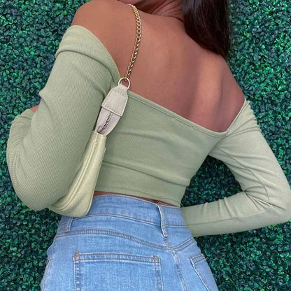 Women’s Hollow-Out V-Neck Crop Top | Slim Ribbed Long Sleeve Square Collar Backless | Casual Spring Fall Fashion