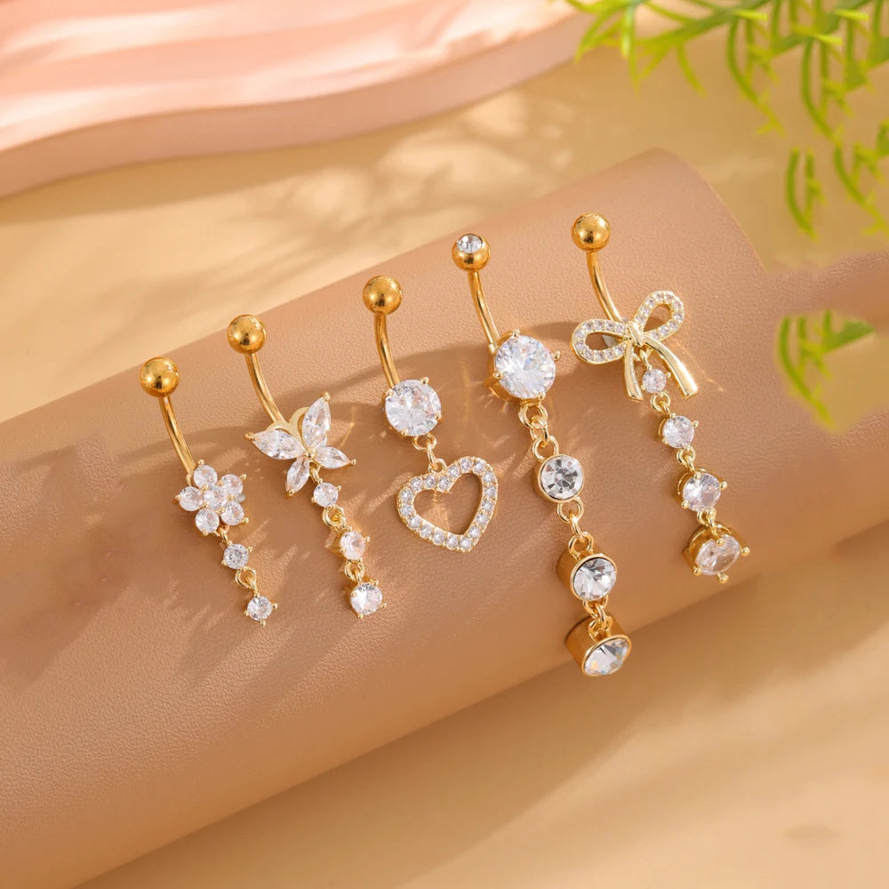 Women’s Belly Button – 5pcs Dangled Butterfly & Heart Navel Piercing Body Jewelry