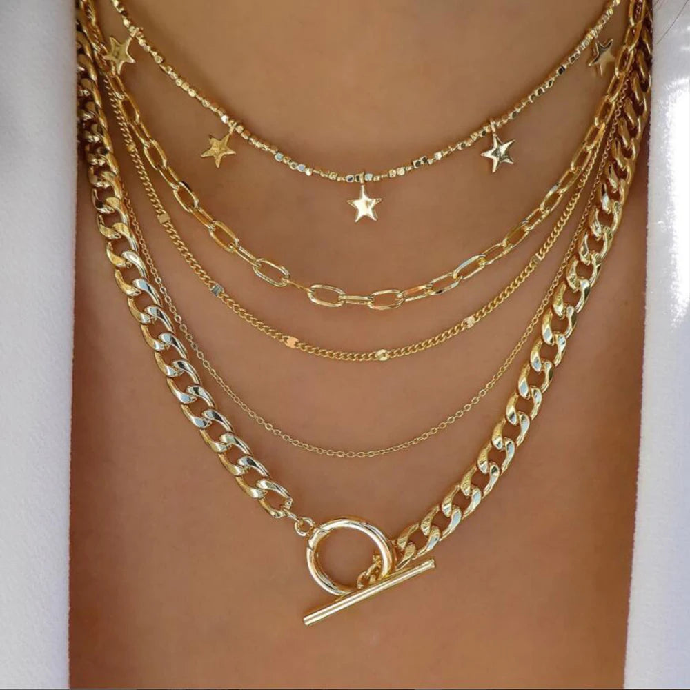 Women’s Jewelry Boho Layered Crystal Pendant Necklace | Vintage | Gold Tone | Trendy