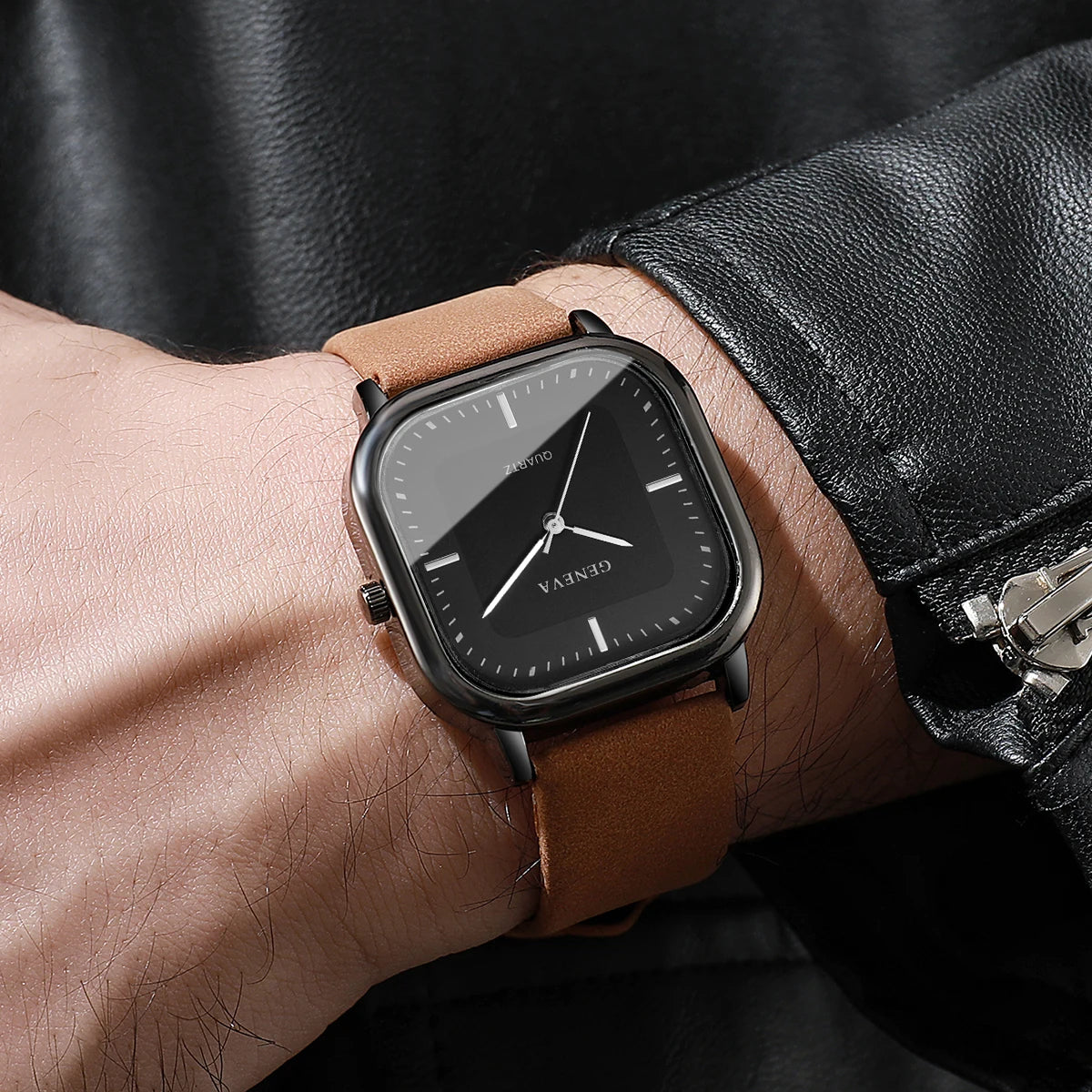 Men’s Square Dial Luxury Watch – Minimalist Leather Strap Business Casual Wristwatch
