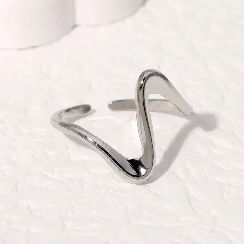 Women’s Irregular Wave Stainless Steel Ring – Adjustable Gold Color Statement Jewelry