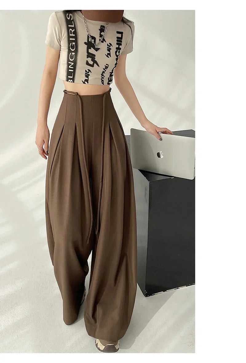 Women’s Streetwear Wide Leg Pants Bottom – Korean High Waist Lace-Up Suit Trousers, Elegant Black Summer Fashion