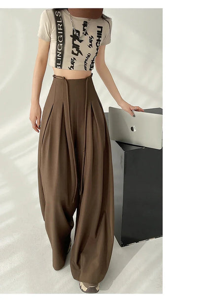 Women’s Streetwear Wide Leg Pants Bottom – Korean High Waist Lace-Up Suit Trousers, Elegant Black Summer Fashion