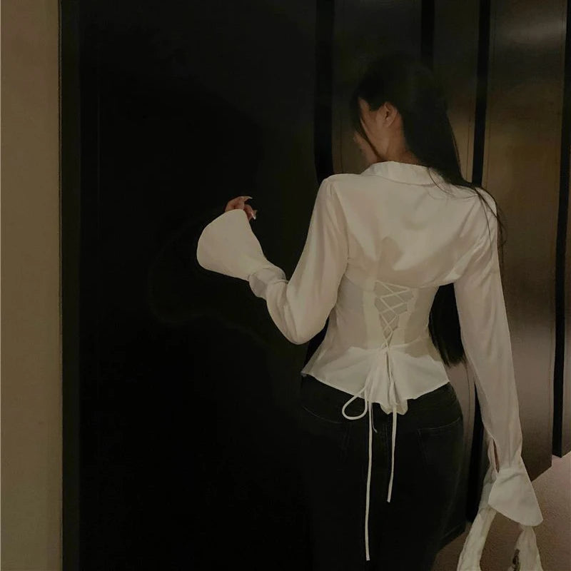 Women’s Korean Bandage Shirt Top – Slim Fit Bell Sleeve Blouse for Spring Casual Streetwear
