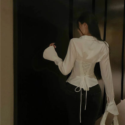 Women’s Korean Bandage Shirt Top – Slim Fit Bell Sleeve Blouse for Spring Casual Streetwear