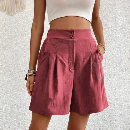 Women’s Double Button Shorts Bottom – High Waisted Solid Color Straight Loose Summer Casual Bermuda