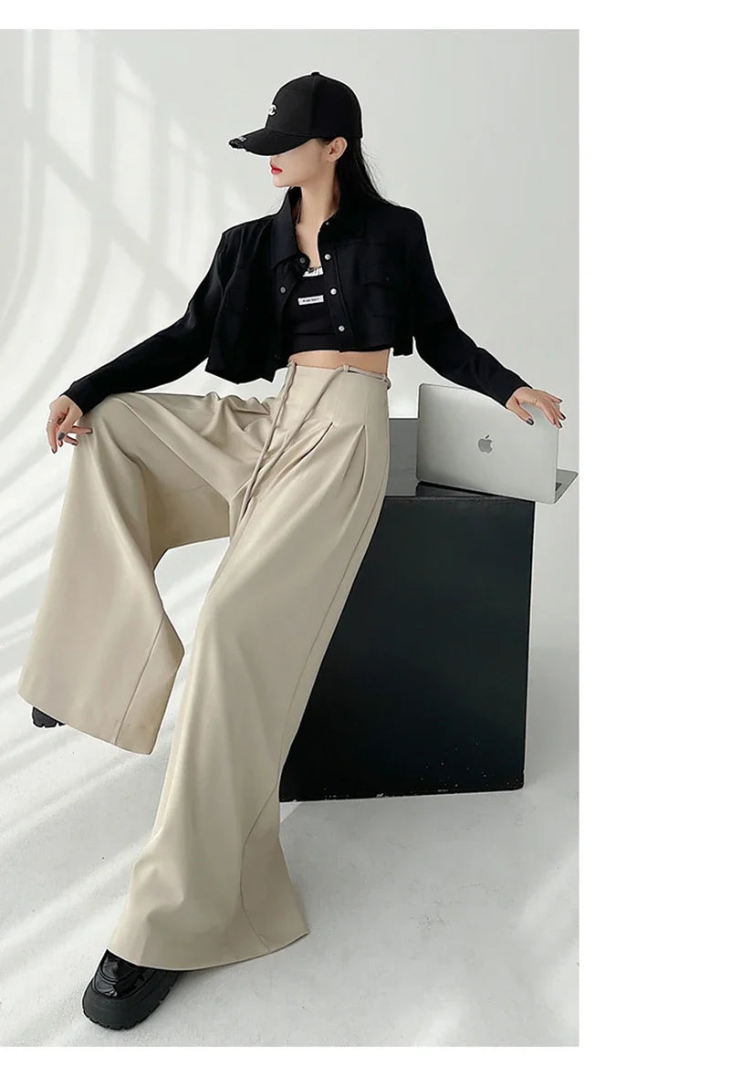 Women’s Streetwear Wide Leg Pants Bottom – Korean High Waist Lace-Up Suit Trousers, Elegant Black Summer Fashion