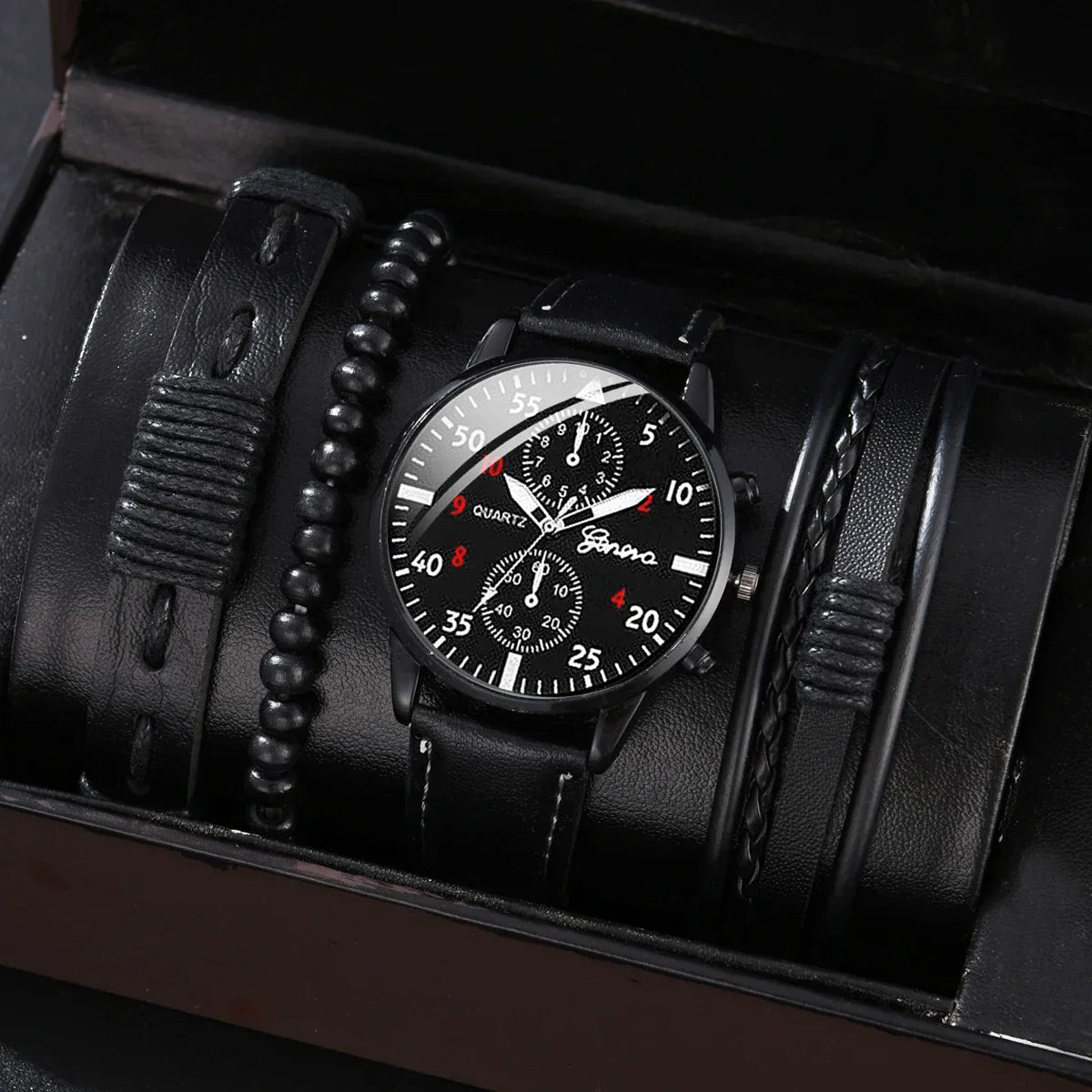 Men’s Luxury Watch Jewelry Set – Leather Strap Fashion Wristwatches Gift Pack with bracelet