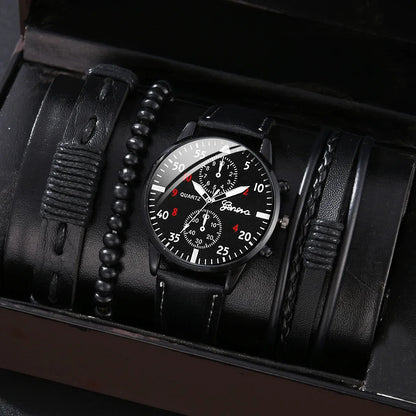 Men’s Luxury Watch Jewelry Set – Leather Strap Fashion Wristwatches Gift Pack with bracelet