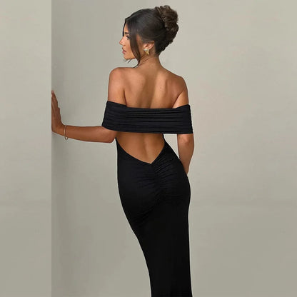Women’s Off-Shoulder Backless Dress – Elegant Pleated High Slit Evening Party Dress