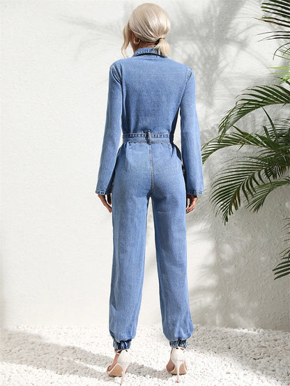 Women’s Denim Jumpsuit | Streetwear | Belted | Turn Down Collar