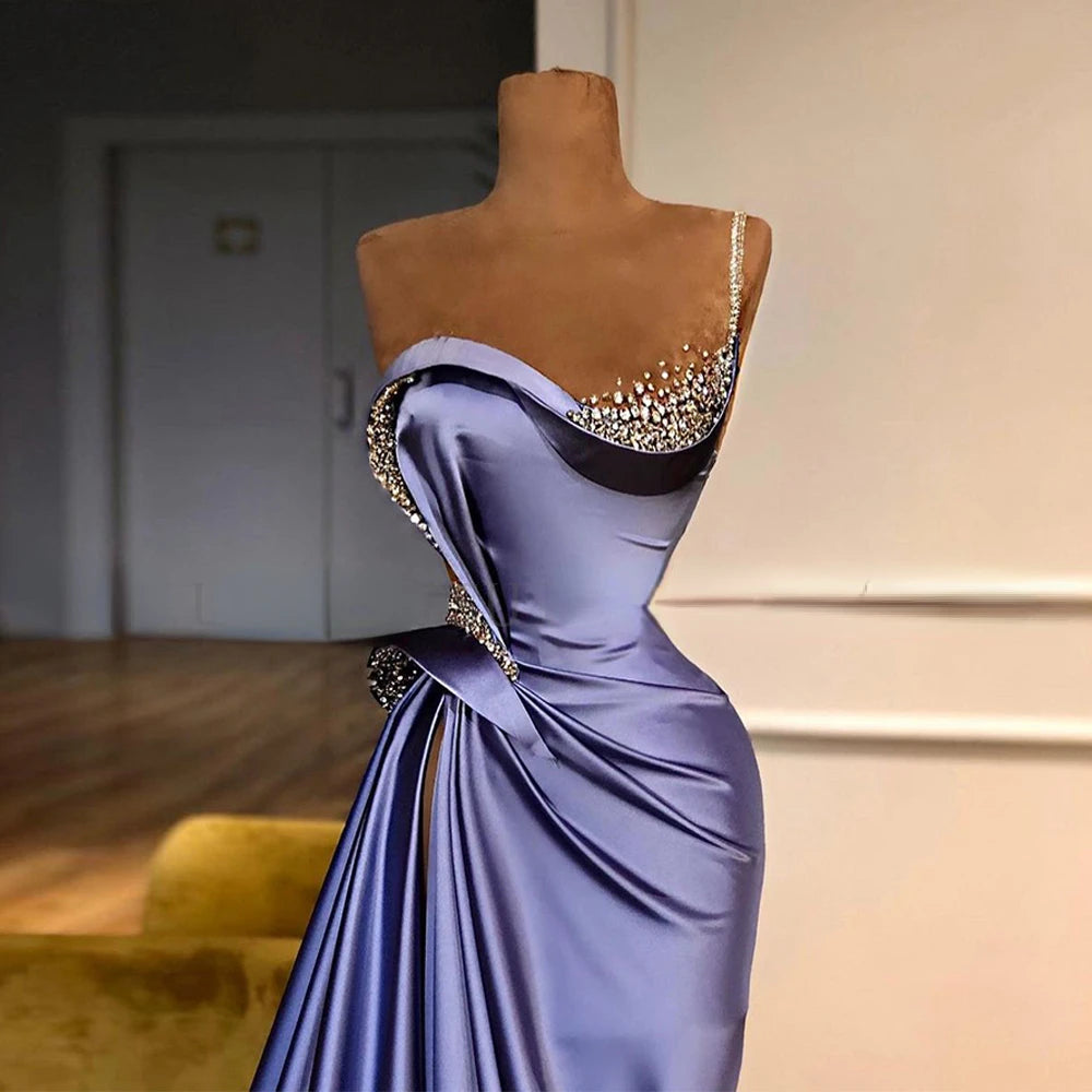 Women’s One Shoulder Lilac Evening Dress – Beaded Ruched Formal Gown with Sweep Train, Elegant Party & Pageant Maxi Dress