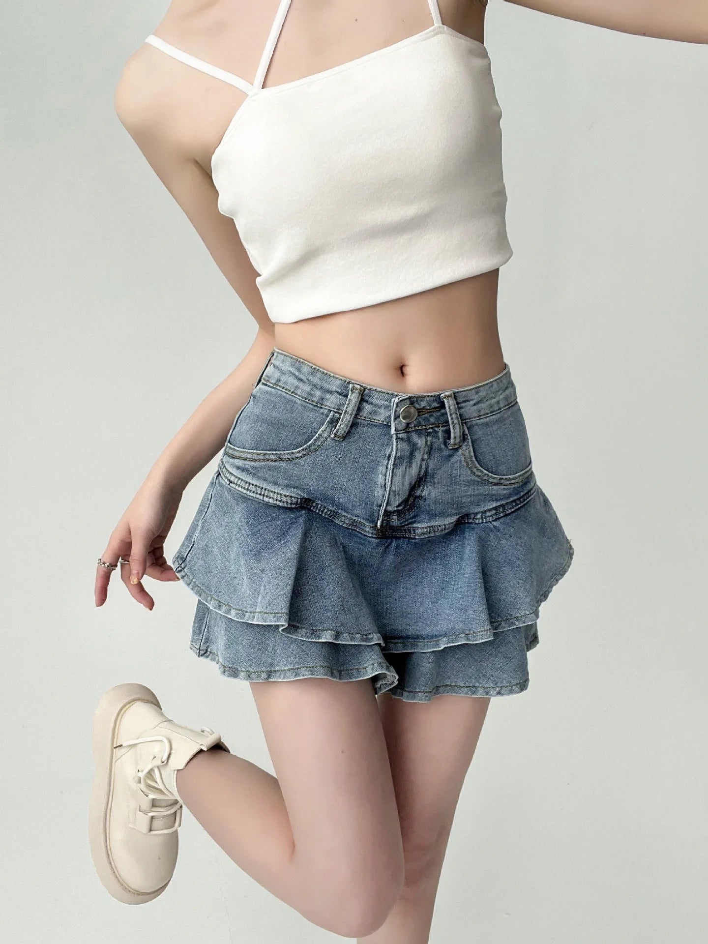 Women’s Spice Girls Denim Skirt Bottom – High-Waisted Stretch Slim A-Line Double Denim Cake Skirt