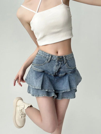 Women’s Spice Girls Denim Skirt Bottom – High-Waisted Stretch Slim A-Line Double Denim Cake Skirt