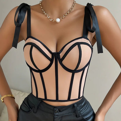 Women’s Strap Crop Top | Sexy Patchwork Stripe Fishbone Corset Top Y2K Style