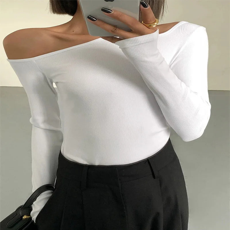 Women’s Fashion Skew Collar Off-Shoulder Long Sleeve Crop Top | Slim Fit Sexy Hollow Out Tee | Spring Solid Top