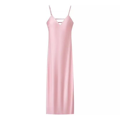 Women’s Yellow Satin V-Neck Maxi Dress – Elegant Sleeveless Loose Sling Party Dress