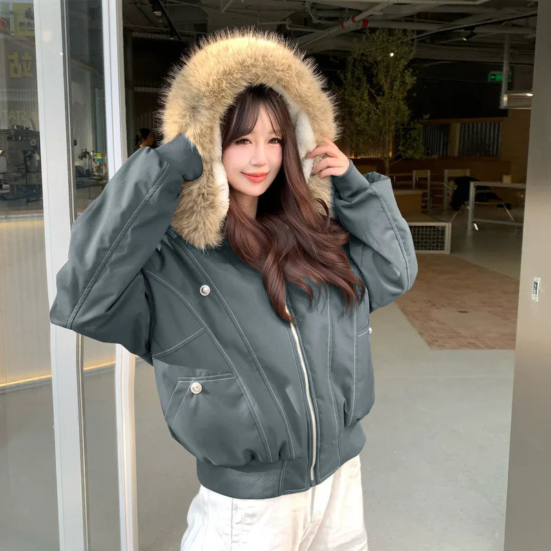 Women’s Fur Collar Jacket Outerwear – Short Hooded Retro Jacket