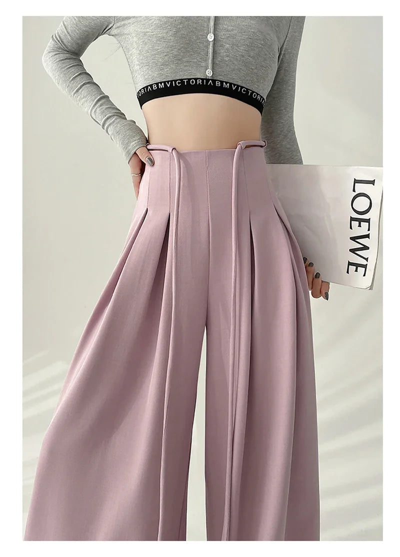 Women’s Streetwear Wide Leg Pants Bottom – Korean High Waist Lace-Up Suit Trousers, Elegant Black Summer Fashion
