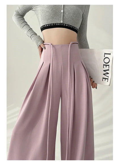 Women’s Streetwear Wide Leg Pants Bottom – Korean High Waist Lace-Up Suit Trousers, Elegant Black Summer Fashion