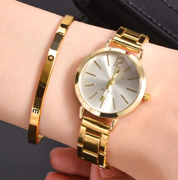 Women’s Elegant Steel Strap Watch & Love Bracelet Jewelry Set – 2PCS Collection