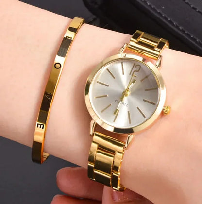 Women’s Elegant Steel Strap Watch & Love Bracelet Jewelry Set – 2PCS Collection