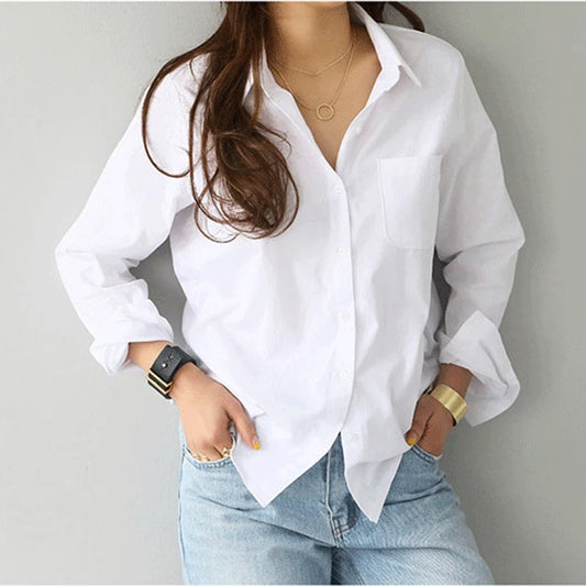 Women’s White Cotton Blouse – Long Sleeve Casual Office Shirt Elegant OL Style Top