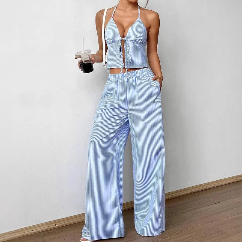 Women’s Striped Printed Two-Piece Set | Summer Casual Fashion Straight-Leg Set