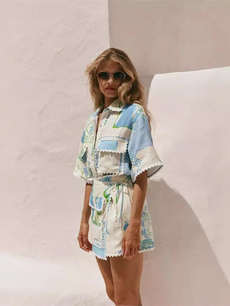 Women’s Printed Ruffle Patchwork Set Summer Casual Outfit